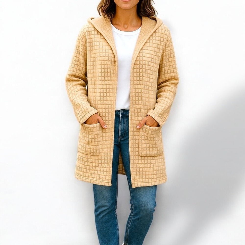 Magaschoni‎ Women Tan Grid Textured Hooded Cardigan Coat Size M Longline Pocket